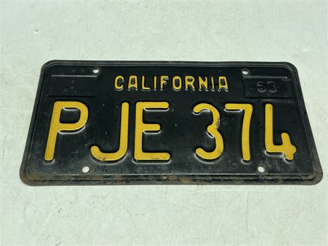 1963 CALIFORNIA BLACK PLATE - NO DECAL