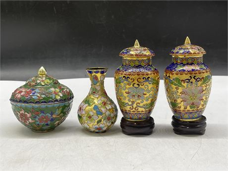 2 SMALL LIDDED CLOISONNÉ JARS W/ SMALL VASE & SMALL LIDDED DISH (LARGEST 4”)