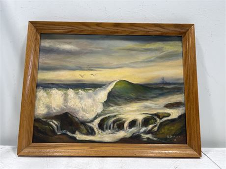 EARLY FRAMED OIL ON BOARD SEA SCAPE - SIGNED B.JACKSON - 26”x20”