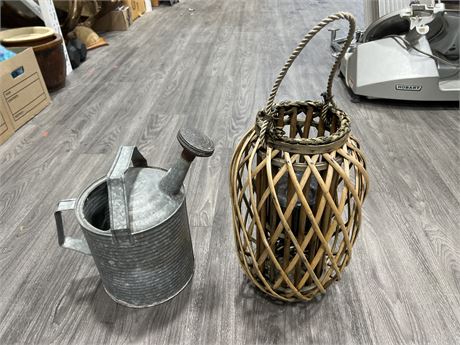 GALVANIZED WATERING CAN 16” TALL + WICKER HANGING CANDLE HOLDER 16” TALL