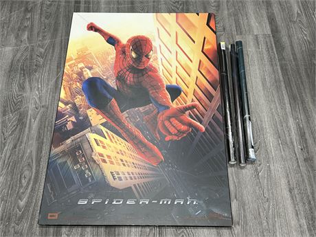 4 SPIDER-MAN POSTERS - 3 NEW IN WRAP - WOOD ONE IS 26.5”x39”