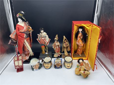 COLLECTION OF VINTAGE JAPANESE DOLLS / JAPANESE TOBY MUGS