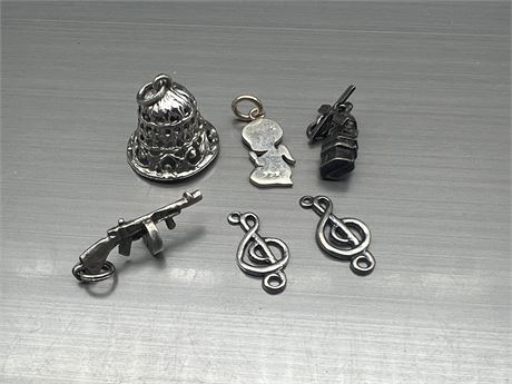 6 STERLING CHARMS INCLUDING TOMMY GUN