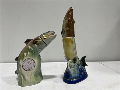 2 VINTAGE FISH DECANTERS - ‘THE MUSKIE’ & ‘BEHOLD THE ANGLER’ - 14” & 11”