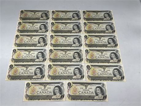 *NO TAX* (17) SEQUENCED 1973 CANADIAN $1 BILLS - NM - 03 THROUGH 19