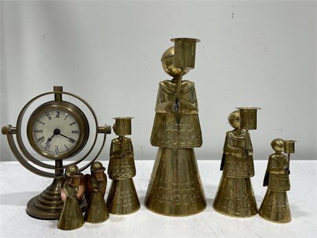 BRASS ANGEL CANDLE HOLDERS & BRASS CLOCK (TALLEST IS 10”)