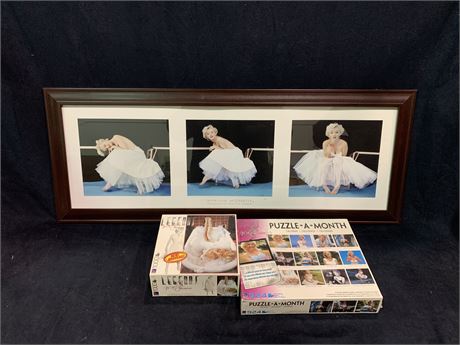 MARILYN MANROE FRAMED PICTURE AND 2 PUZZLES