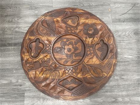 ROUND CARVED 2 SIDED WOOD GAME BOARD - RUMOLI AND CHECKERS/CHESS (THAI) 30”