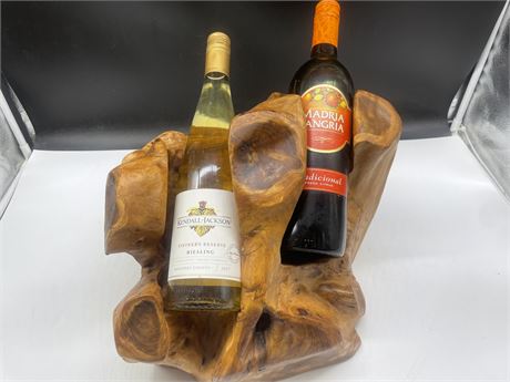 2 UNOPENED BOTTLES OF WINE IN A BURL WOOD STAND