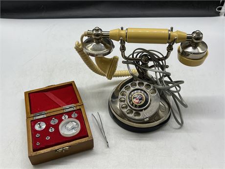 VINTAGE ROTARY PHONE & VINTAGE SMALL WEIGHT SET