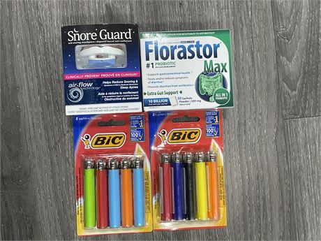 (4 NEW) PRODUCTS INCL: LIGHTERS, SNORE GUARD, & FLORASTOR MAX