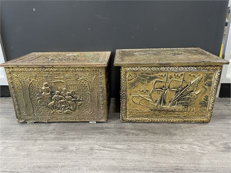 2 EARLY BRASS EMBOSSED COAL BOXES 18”x12”x12”