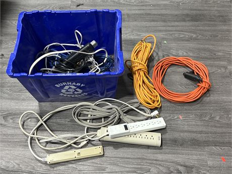 BIN OF EXTENSION CORDS & POWER BARS