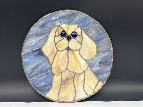 VINTAGE STAINED GLASS PUPPY DOG - 13” DIAMETER