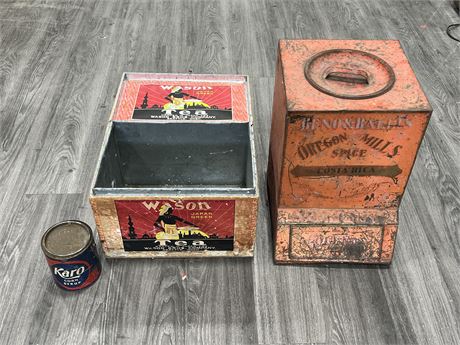 VINTAGE COFFEE BOX (20” tall), WASON TEA BOX & CORN SYRUP TIN