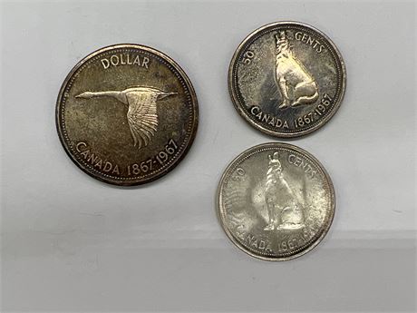 1967 CDN CENTENNIAL SILVER DOLLAR & 2 HALF DOLLARS