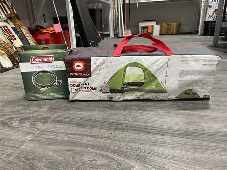 OUTBOUND 6 PERSON DOME TENT & COLEMAN 5 FT PROPANE HOSE & ADAPTOR IN BOX