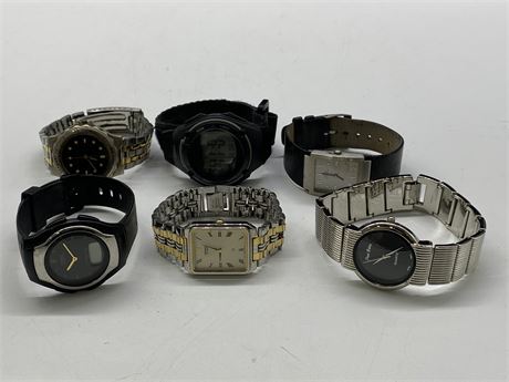 6 USED WATCHES - GUSS, SEIKO, CASIO, HALSTON ETC. (MOST NEED BATTERIES)