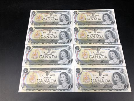 8 SEQUENCED 1973 CANADIAN 1$BILLS (754-761)
