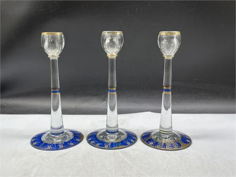 3 1920’S GLASS ENAMELLED CANDLE STICKS (9”)