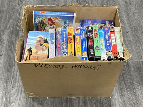 LARGE BOX OF VHS TAPES & REWINDERS