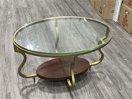 HEAVY METAL / WOOD GLASS TOP SIDE TABLE (30” long, 18” tall)