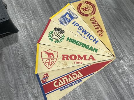 5 VINTAGE EUROPEAN SOCCER PENNANTS FROM THE 70’S