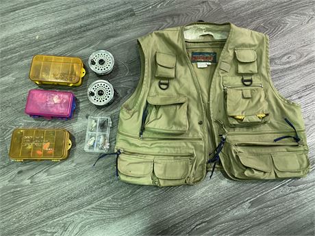 FISHING VEST W/ TACKLE BOXES AND REELS