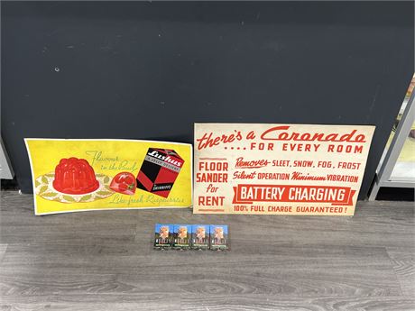 4 NEW OLD STOCK ADULT PLAYING CARDS + 2 VINTAGE ADVERTS