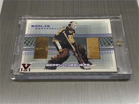1 OF 1 B.A.P. GERRY CHEEVERS GAME USED PADS & STICKS CARD (2000)