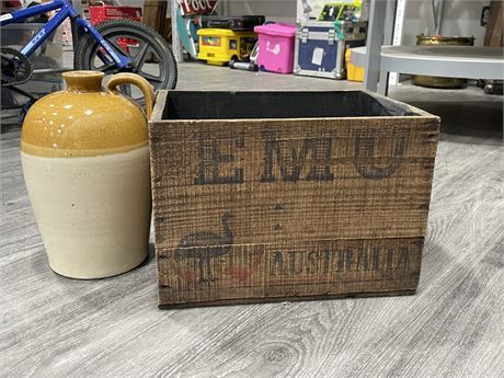EMU AUSTRALIAN WOODEN CRATE (15”x11”x10”) & VINTAGE WINE / BEER CROCK JUG
