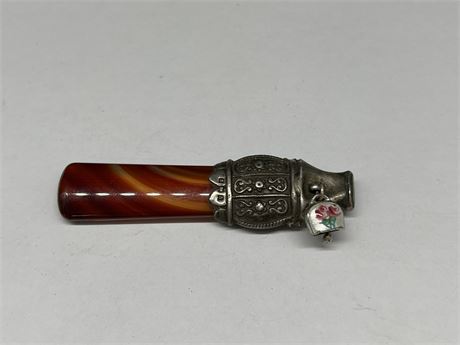 19th CENTURY STERLING SILVER AGATE END BABY RATTLE / SOOTHER / WHISTLE - 3”