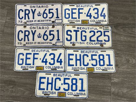 LOT OF 7 VINTAGS BC AND ONTARIO LICENSE PLATES