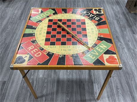 FOLDING ANTIQUE GAMES TABLE (30” TALL, 26”W)