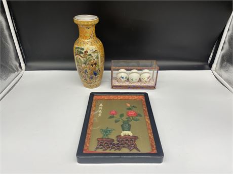 ORIENTAL VASE (10” tall), PICTURE (8x10”), EGG ORNAMENTS