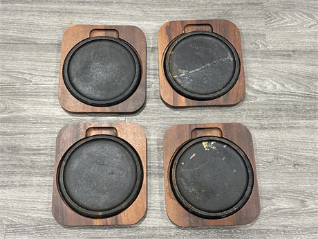 4 CAST IRON JAPANESE HOT PLATES WITH WOODEN CASING