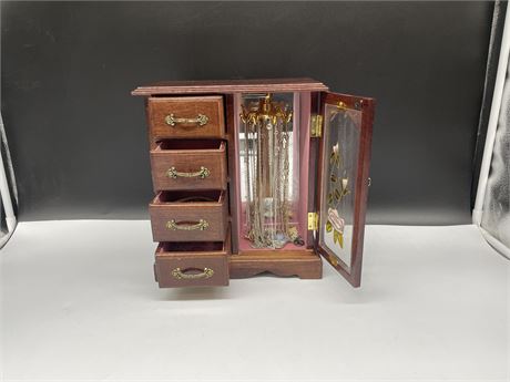VINTAGE WOOD JEWELRY CASE W/JEWELRY CONTENTS (10.5”tall)