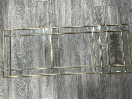 3 BEVELLED GLASS & BRASS HANGING PANELS (LARGEST 15”x15”)