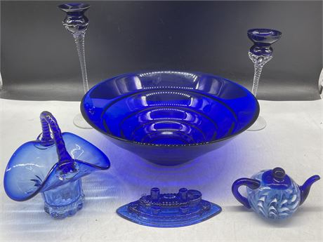 COBALT GLASS — BOWL (12” DIAM.), CANDLEHOLDERS, PAPERWEIGHT, BOAT, BASKET