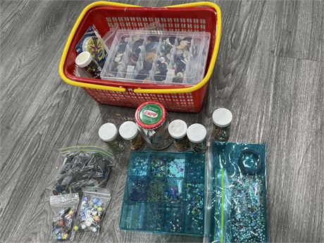 BASKET OF BEADS, BUTTONS, ETC