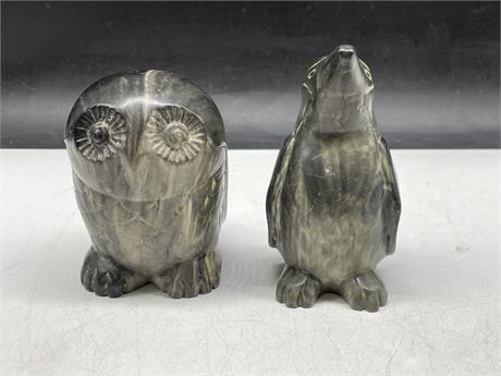 SIGNED STONE INUIT HAND CARVED PENGUIN & OWL LARGEST 5”