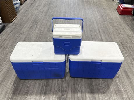 3 COLEMAN COOLERS - 2 LARGE 1 SMALL