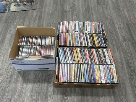 3 FLATS / BOX OF MISC DVDS & CDS