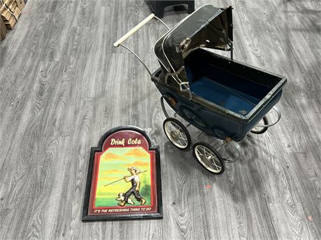 VINTAGE SMALL BABY CARRIAGE (As is) & WOOD DRINK COLA SIGN (24”x16”)