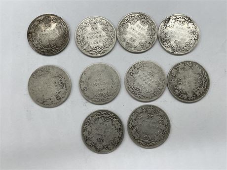10 ANTIQUE SILVER CDN QUARTERS - DATING BACK TO 1905