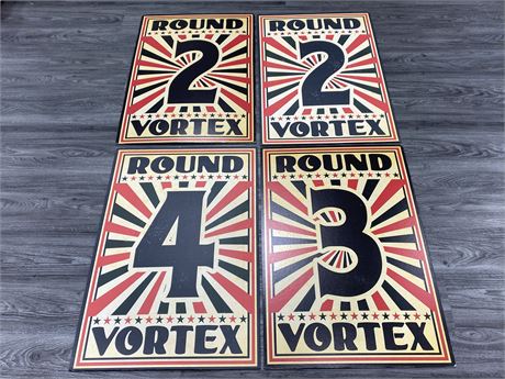 4 VINTAGE DOUBLE SIDED BOXING ROUND SIGNS (2ft x 3ft)