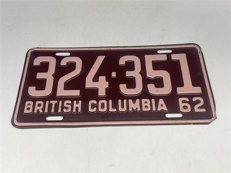 1962 BC LICENSE PLATE - GREAT CONDITION