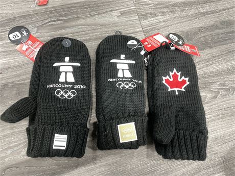 3 PAIRS VANCOUVER 2010 OLYMPIC MITTENS NEW