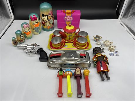 VINTAGE TOYS - RUSSIAN MICKEY DOLLS, POLLY POCKETS, PEZ, TOM DISHES