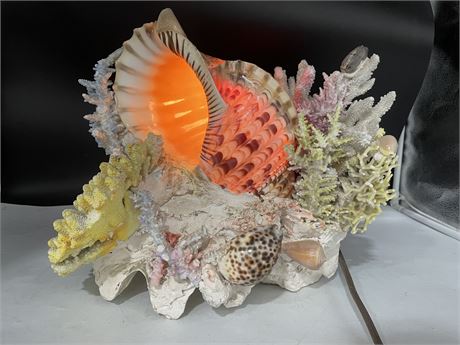 LARGE CORAL & SHELL DECORATIVE LAMP (WORKS) 14”x13”